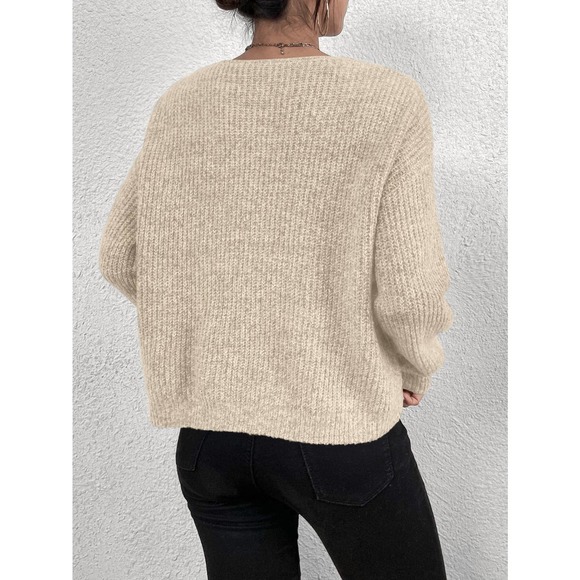 V neck Drop Shoulder Ribbed Knit Sweater black oversized - Picture 5 of 8